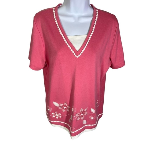 ALFRED Dunner Pink White Floral Embroidered Short Sleeve Top Women's Size Medium - Picture 1 of 7